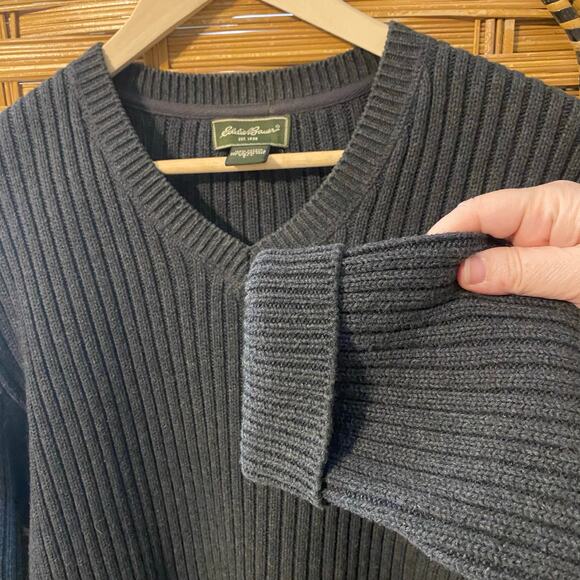 Vintage Eddie Bauer Heavy Rib Knit Cotton Sweater Tall L Gray V-Neck Australia - Picture 4 of 6